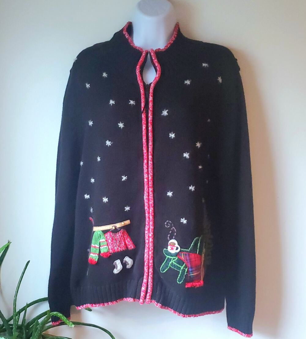 Coldwater Creek Black Holiday Mock Neck Zip Up Sweater Womens Size Large Festive